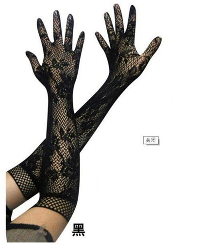 Women Girl 70' 80' Long Net Fishnet Mesh Wrist Arm Dance disco Party Gloves BLACK