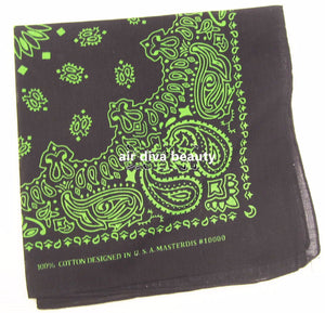 Women Men Retro Hip hop Cotton biker dance Paisley Bandana Hair Headband Wrap BLACK with Green