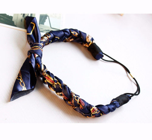 Women Girl Retro boho Satin Chain bow Braided scarf Stretch Hair head band Wrap