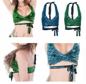 Women Shiny Mermaid Fish Scale Costume Halter Crop Tops Wrap Tank Camisole