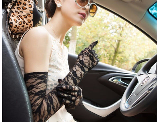 Women Wedding Bridal Party Prom Evening Drive protect Lace Elbow Long Gloves BLACK