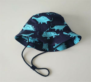 Boys Kids Children Cotton Travel Dinosaur Navy Bucket Sun Hat Cap strap 12m-5yr