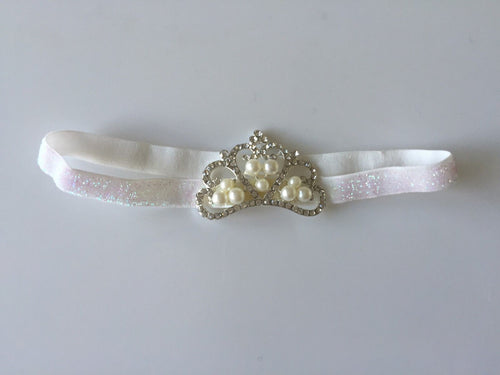 Girls Kids Baby Princess Party Rhinestone Crown Tiara elastic Hair Head Band White with silver glitter band