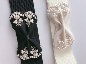 Women Lace Pearl Gorgeous Ribbon Bow Elastic Stretch Dress Waist Band Wrap Belt