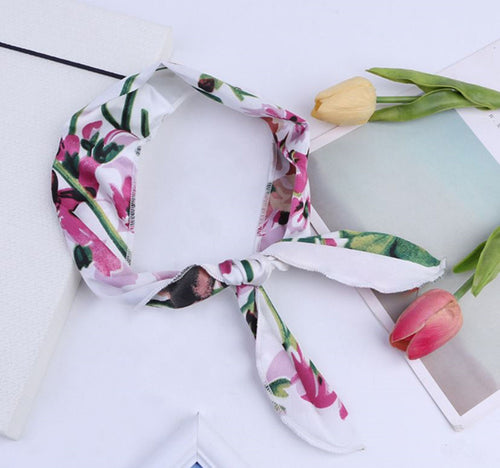 Women Satin Retro Silky look flower Wire bow scarf Hair head band headband Tie