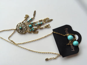 Women Lady Retro BOHO Dream Catcher Turquoise Chain Necklace +Turquoise Earring