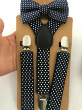Children Party Costume Wedding Pants Dots Kids Suspender Brace Belt Clip Bowtie Navy Dark Blue with white Dots