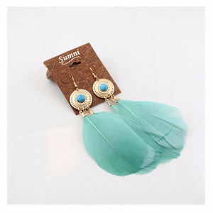 Women Retro Feather Boho Bohemian turquoise Party Long dangle Ear Drop Earrings