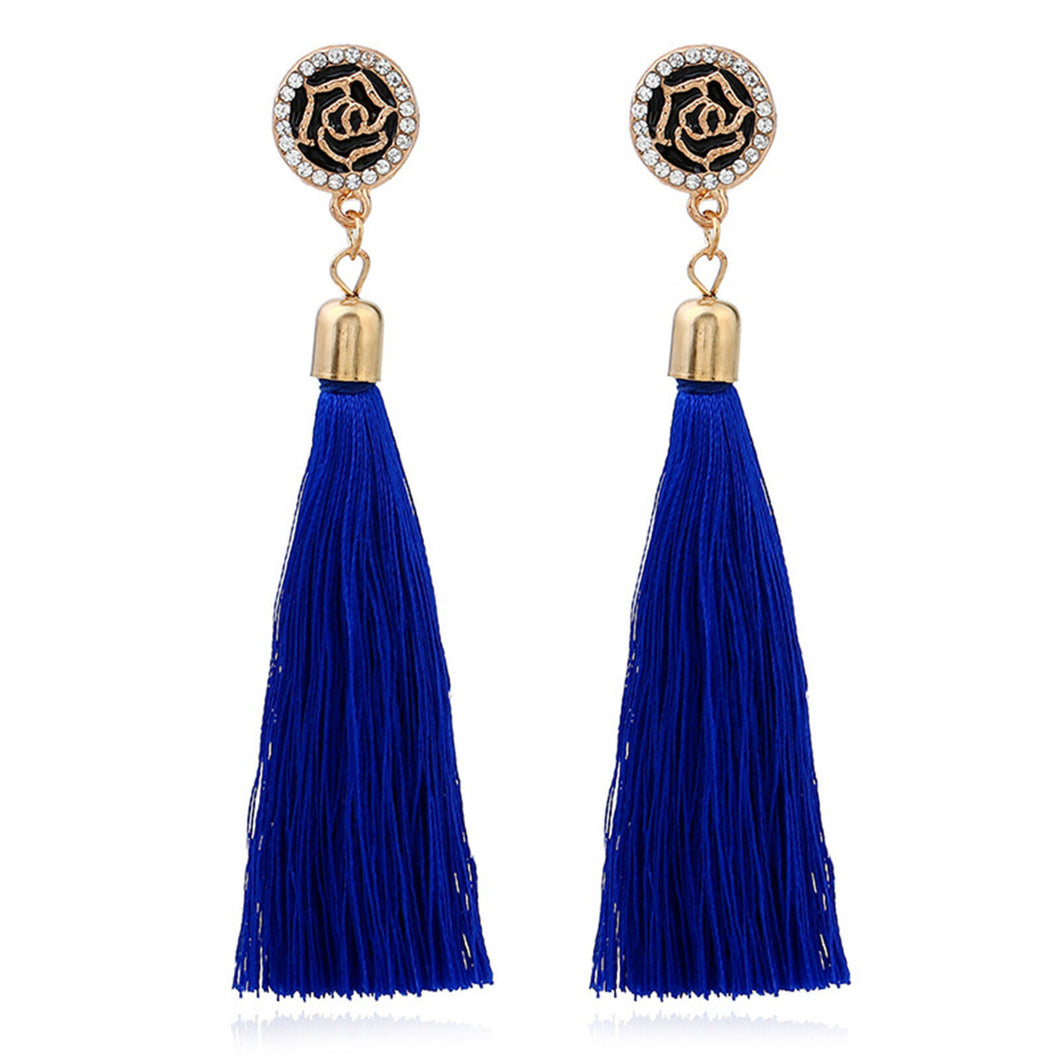 Women Retro Tassel Boho Crystal Rose flower Party Long dangle Ear Drop Earrings