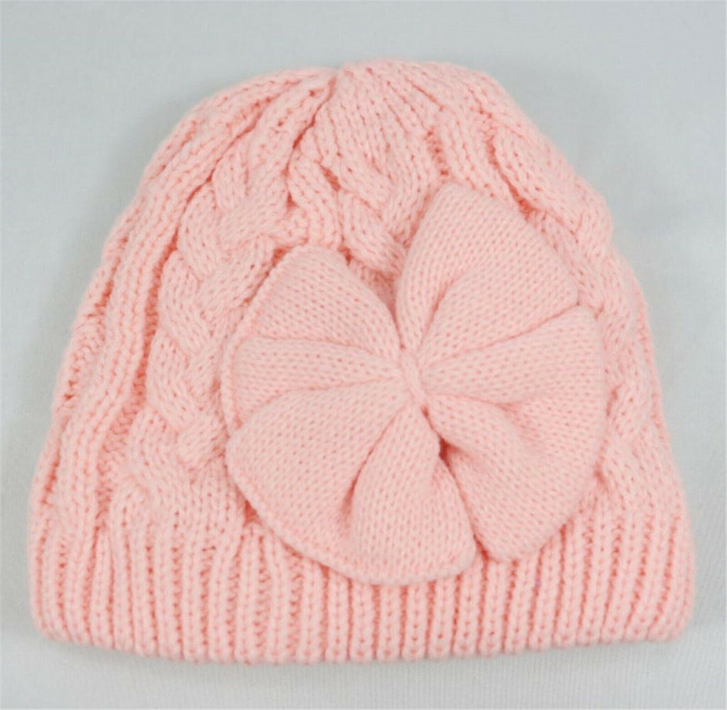 Girl Children Kid Pink Or Cream White Braided Knit knitting Bow Beanies Hat Cap