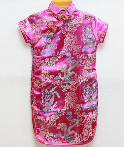 Child Girl Chinese Traditional QIPAO Costume New Year Short Sleeve cheong Dress