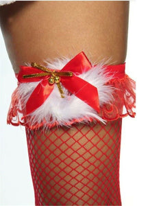 Women Christmas Red Net Fishnet Costume Bell Fur Tights Stockings OR Gloves