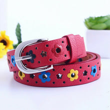 Lady Girls Kid Children Synthetic Leather Chic Flower Floral Pants Buckle Belt Red
