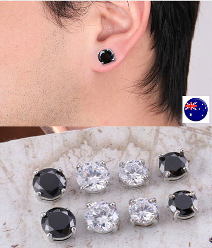 Fake MAGNETIC Round Crystal Rhinestone bling NO Piercing ear Hole studs Earrings BLACK