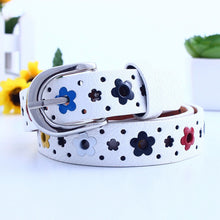 Lady Girls Kid Children Synthetic Leather Chic Flower Floral Pants Buckle Belt White