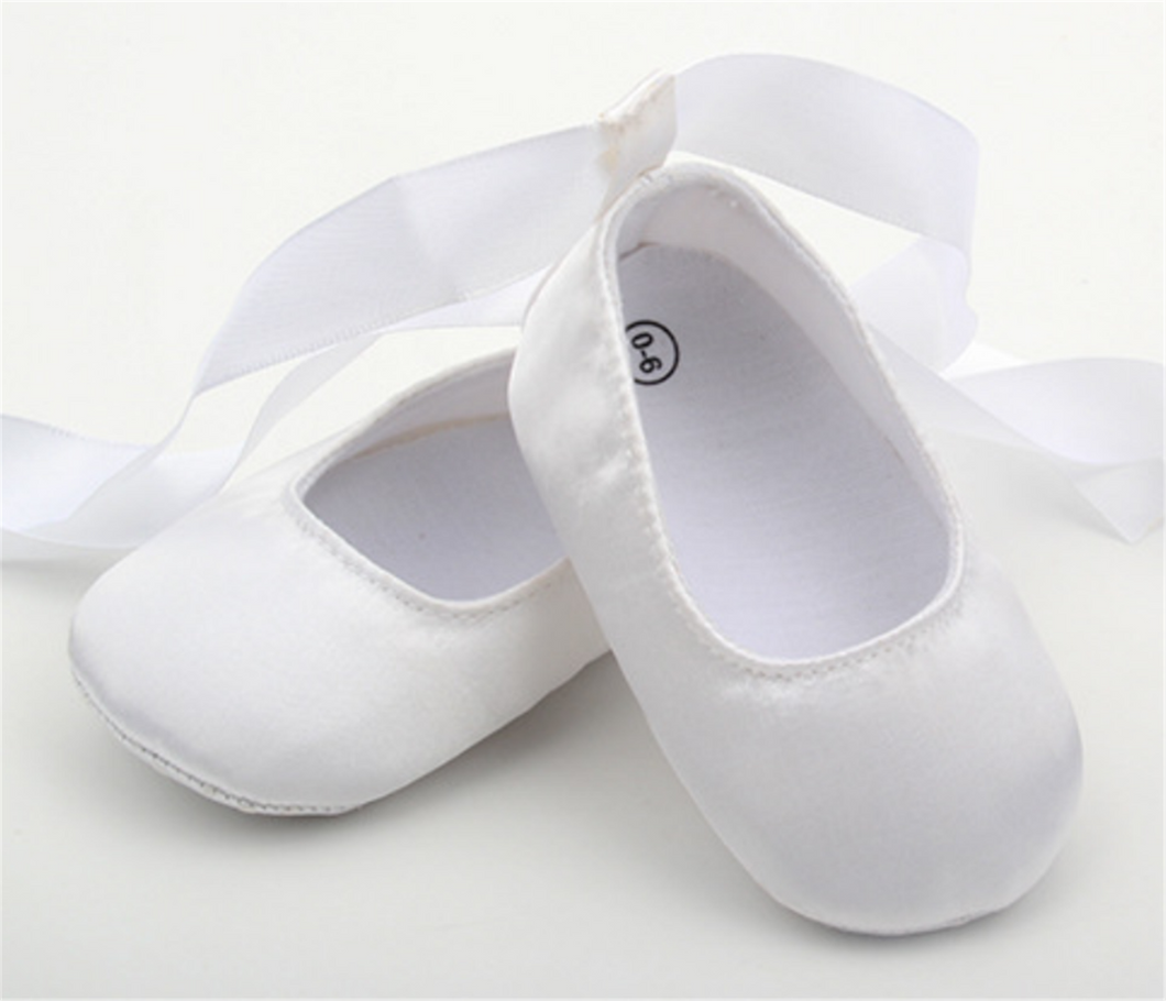 Baby Shower Girls Children Kids Christening Ballet White Satin Ribbon Gem Shoes