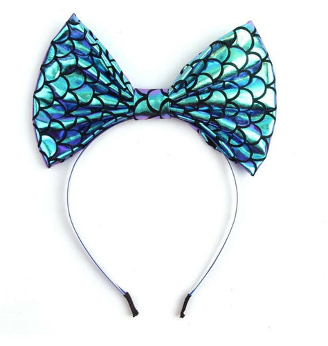Women Girl Festival Big Bow Mermaid Scale Pattern Head Hair Band Headband Hoop Mermaid Blue