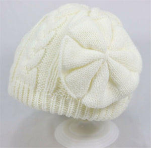 Girl Children Kid Pink Or Cream White Braided Knit knitting Bow Beanies Hat Cap