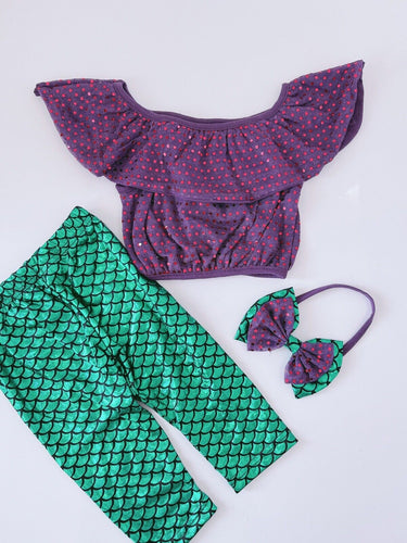 Girls Children Mermaid Shine Costume Sea Party Tops Pants leggings Headband set