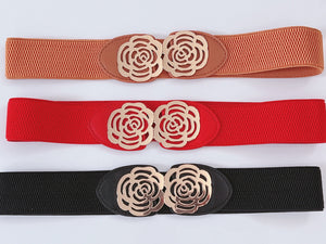 Women Metallic Rose Flower Elastic Stretchy Dress Narrow Slim Waist Belt Band