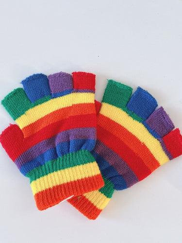 Kids Boys Girls Children Rainbow Colorful Knit Mitten SHORT Gloves 4-12 Years Fingerless