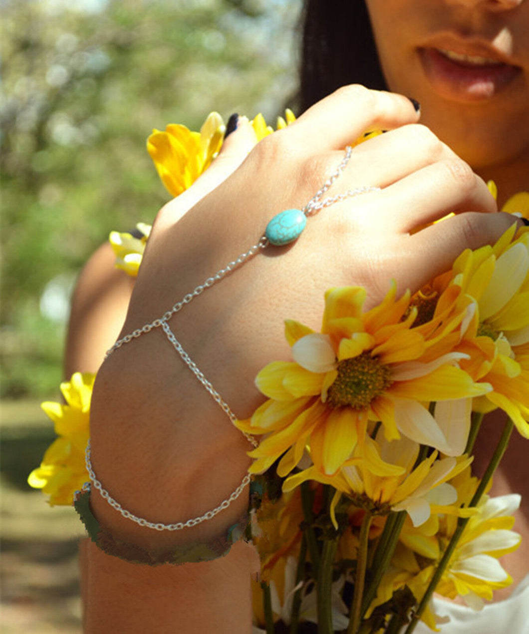 Women lady boho bohemian turquoise finger Hand Wrist band Bracelet Chain gift
