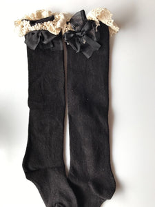 Girl KidS White Black School Dress Calf high Lace trim frilly long Socks tights