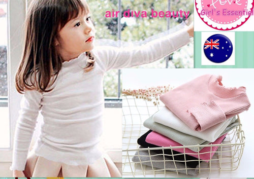 Girl Kids Ruffle Neck Red Long Sleeves Cotton Mix T shirt Tee Tops underwear #15:7-8Years