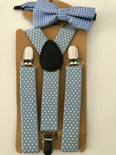 Children Party Costume Wedding Pants Dots Kids Suspender Brace Belt Clip Bowtie Light Blue with White Dots