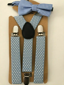 Children Party Costume Wedding Pants Dots Kids Suspender Brace Belt Clip Bowtie Light Blue with White Dots