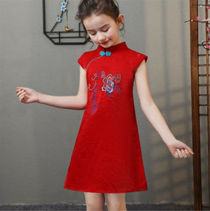 New Kids Girl Chinese New Year Asian Traditional QIPAO Red Costume Tunic Dress