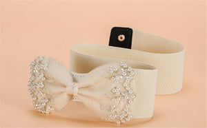 Women Lace Pearl Gorgeous Ribbon Bow Elastic Stretch Dress Waist Band Wrap Belt