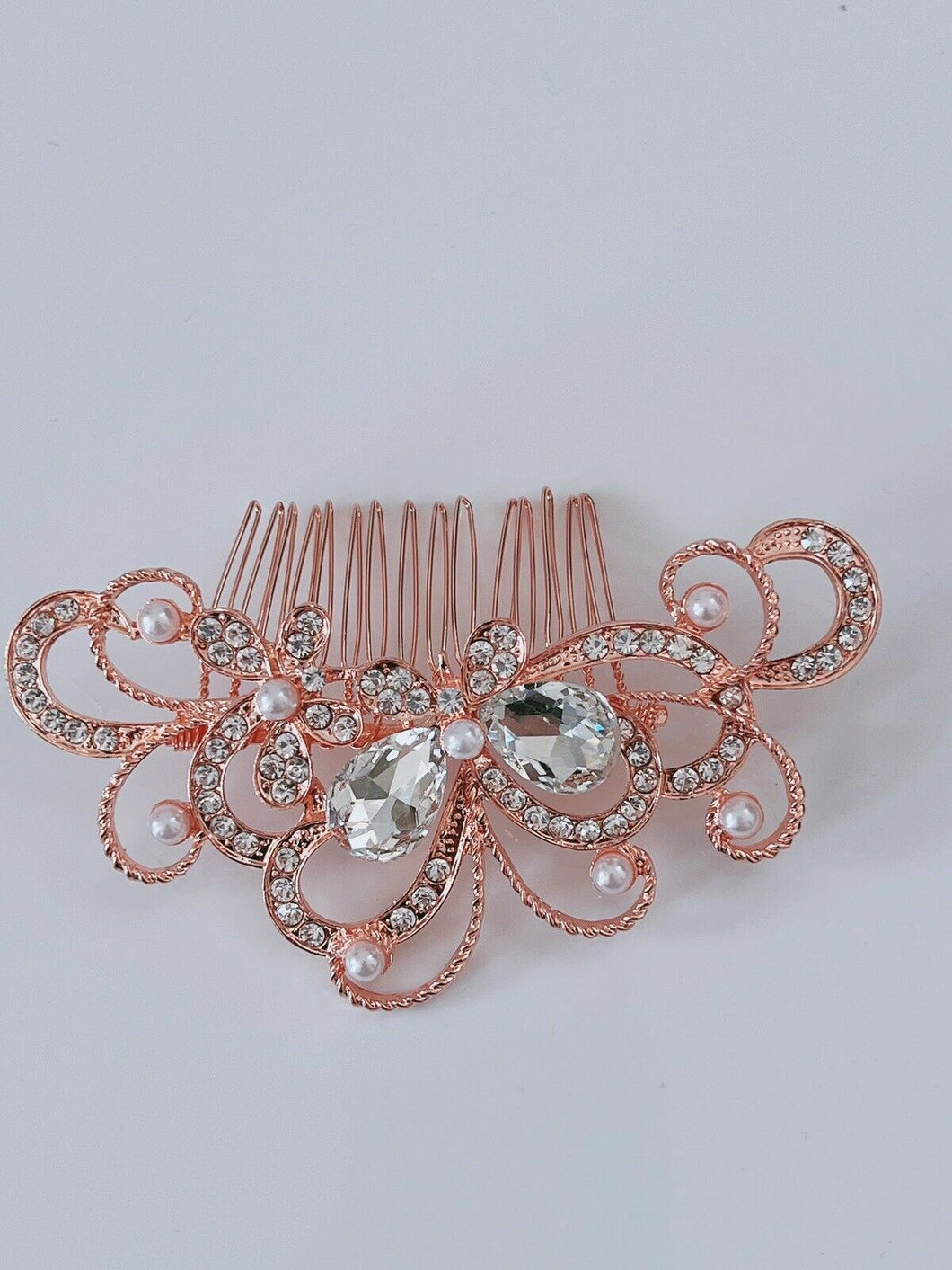 Women French Styling Evening Party Bride Rose Gold Crystal Hair comb Clip Pin