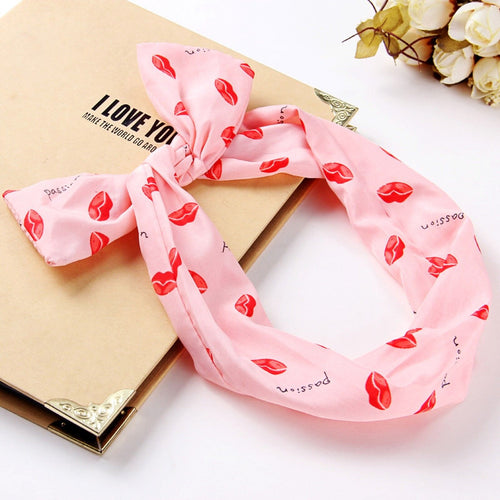 Women retro Girls Cute Wire Bunny Ear adjustable bow scarf Hair head band Wrap Pink Lip
