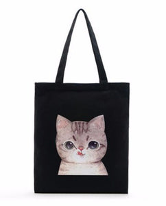 Women Lady Girls Cute Kitty Cat Black Carry Tote Library Shopping Bag