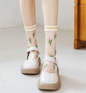 Women Retro Fancy Ankle Tulip Flower Transparent Summer lace Short Dress Socks