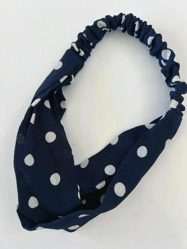 Women Girl 70' 80' Retro Boho Cross Polka Dots Twist hair headband band bandana Navy Blue