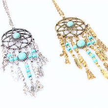 Women Lady Retro BOHO Dream Catcher Turquoise Chain Necklace +Turquoise Earring