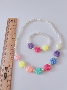 Girl Kid children Rose flower or Bow Cute Beaded Colorful Necklace Bracelet Set