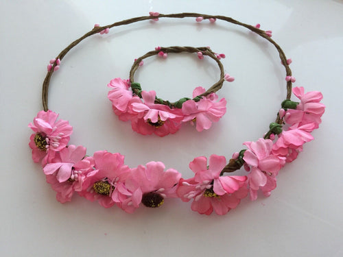 Girl Women Beach Flower boho head hair headband Accessory Hoop Bracelet set Prop Pink set