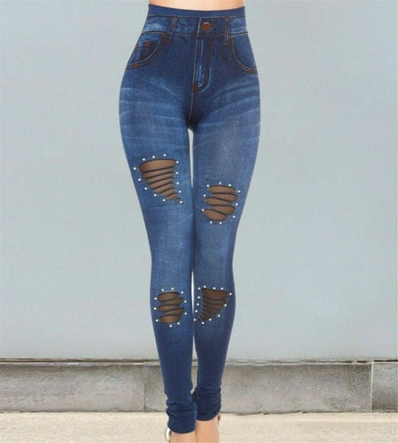 Women Faux Denim Jeans look High Waist Pearl Rip Pencil Leggings Jeggings Pants BLUE