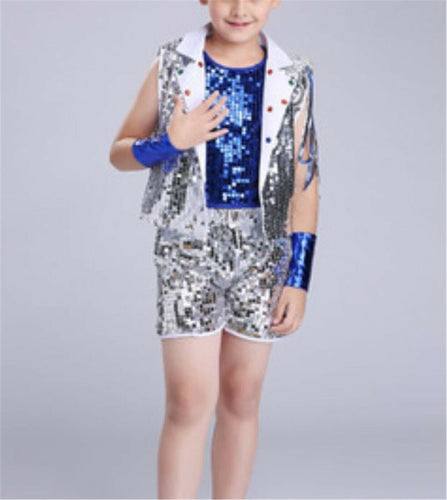 Boy Girl Children Kid Dance Latin Jazz Sequins Shine Rock Costume Party Vest set Blue
