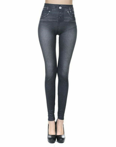 Women Faux Denim Jeans look Stretch Pencil Slim Leggings Jeggings Pants AU6-12 Black S:AUS 6-8