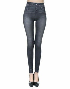 Women Faux Denim Jeans look Stretch Pencil Slim Leggings Jeggings Pants AU6-12 Black S:AUS 6-8