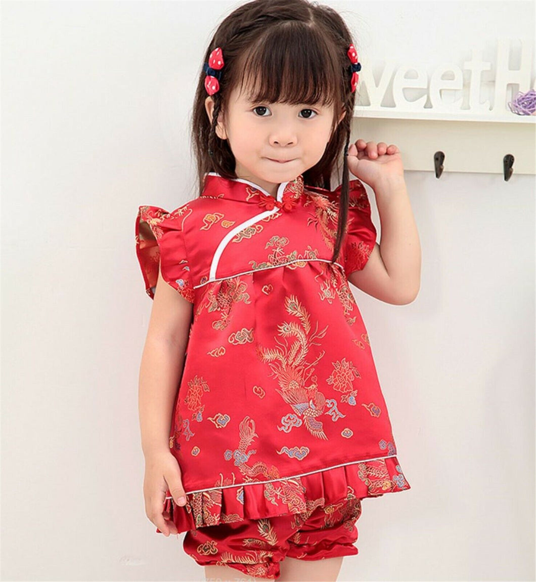 Kid Girl Chinese New Year Asian Red Qipao Traditional Summer Tops Dress +Shorts