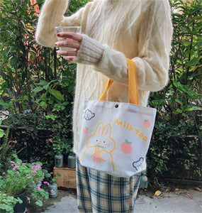 Women Girls Cute Bunny Cat Carry Small Tote Eco Canvas Shopping Bag