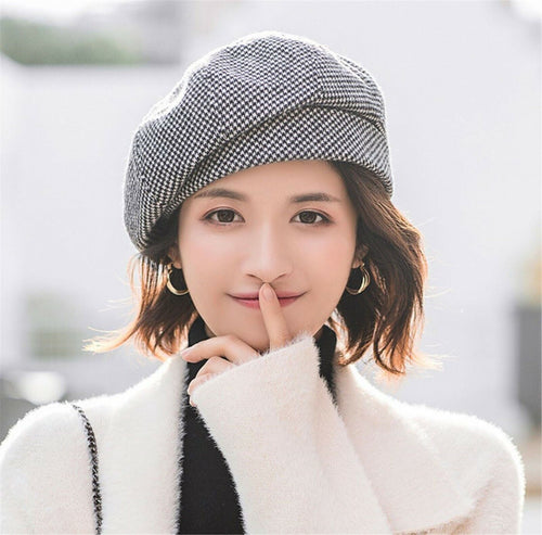 Women Winter Autumn Warm Check Pattern French Artist Round Beret hat Cap Beanie