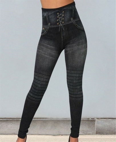 Women Faux Denim Jeans look High Waist Stretch Pencil Leggings Jeggings Pants Black