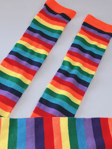 Women Girl Rainbow Colorful Multi-colour Stripe Over Knees Long Socks Tights