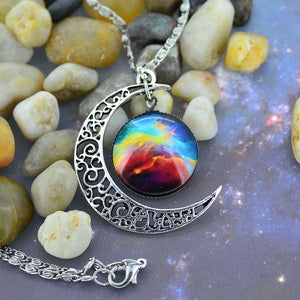 Women Girls Retro BOHO Cameo Round Badge Galaxy moon friendship Chain Necklace